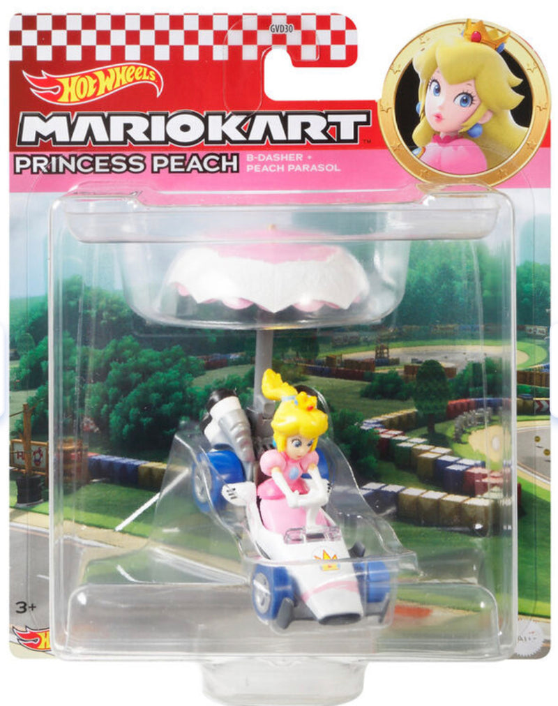 Hot Wheels Die-Cast 1/64 Mario Kart - Princess Peach B-Dasher & Peach Parasol - Funky Toys 