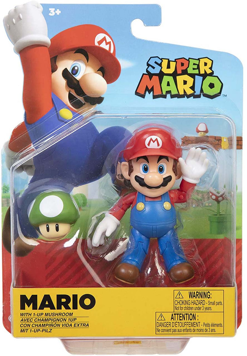 Nintendo Super Mario 4 inch Action Figure - Mario with 1-Up Mushroom - Funky Toys 